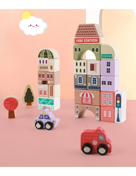 Klocki drewniane miasto 115 szt. w wiaderku 