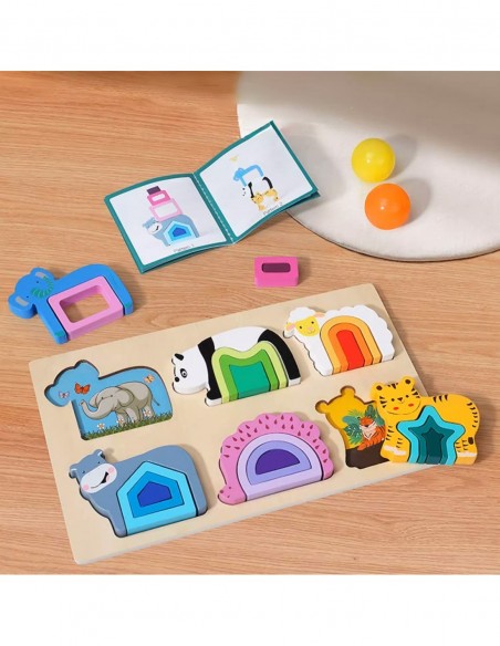 PUZZLE DREWNIANE KSZTAŁTY DOPASOWYWANIE EDUKACYJNE ZWIERZĘTA MONTESSORI