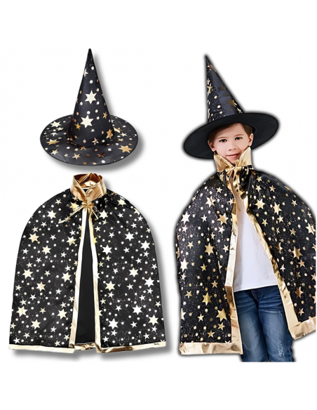 STRÓJ CZARODZIEJA MAGIKA HALLOWEEN KOSTIUM PELERYNA + KAPELUSZ